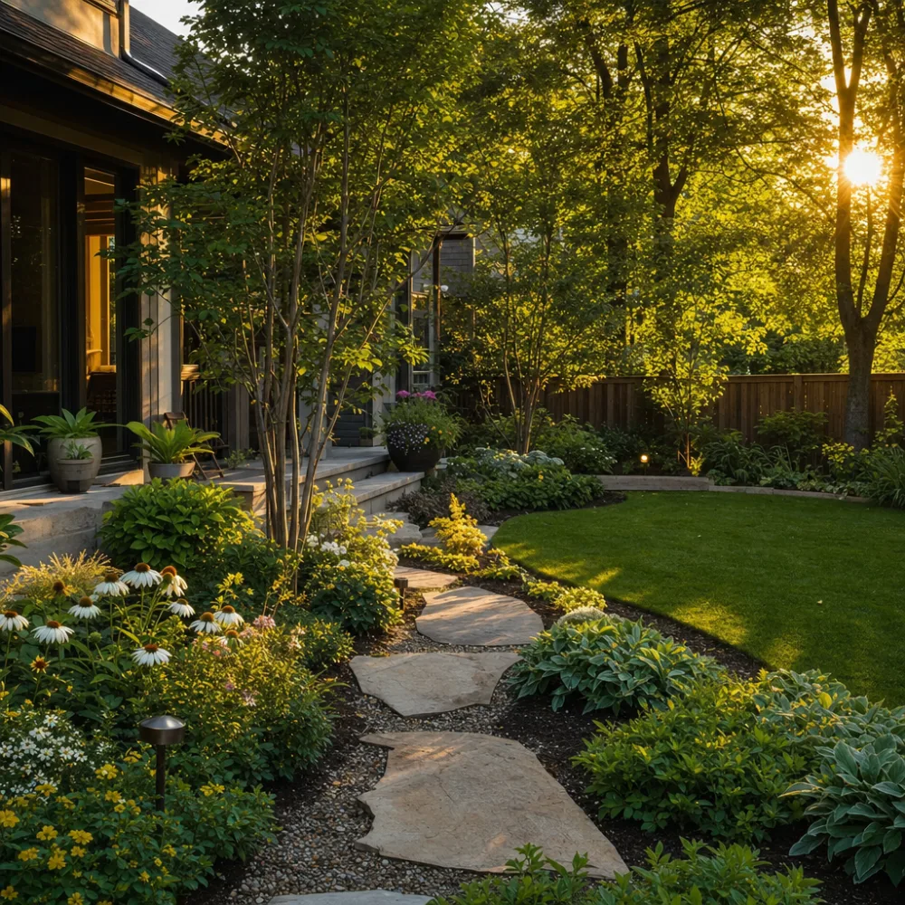 The same backyard transformed with layered native plantings and defined beds