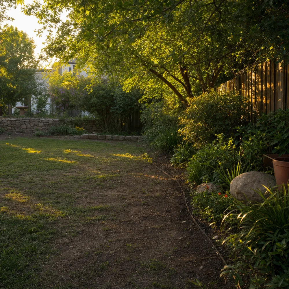 A tired, bare backyard with patchy grass before Bur Oak's redesign