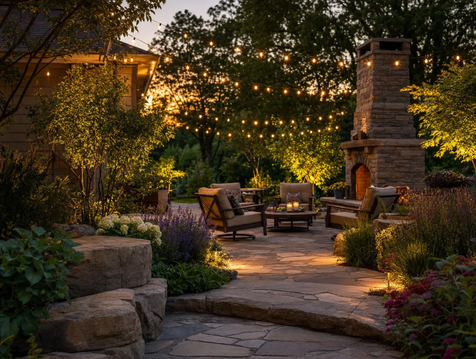 A finished natural stone patio surrounded by plantings at dusk