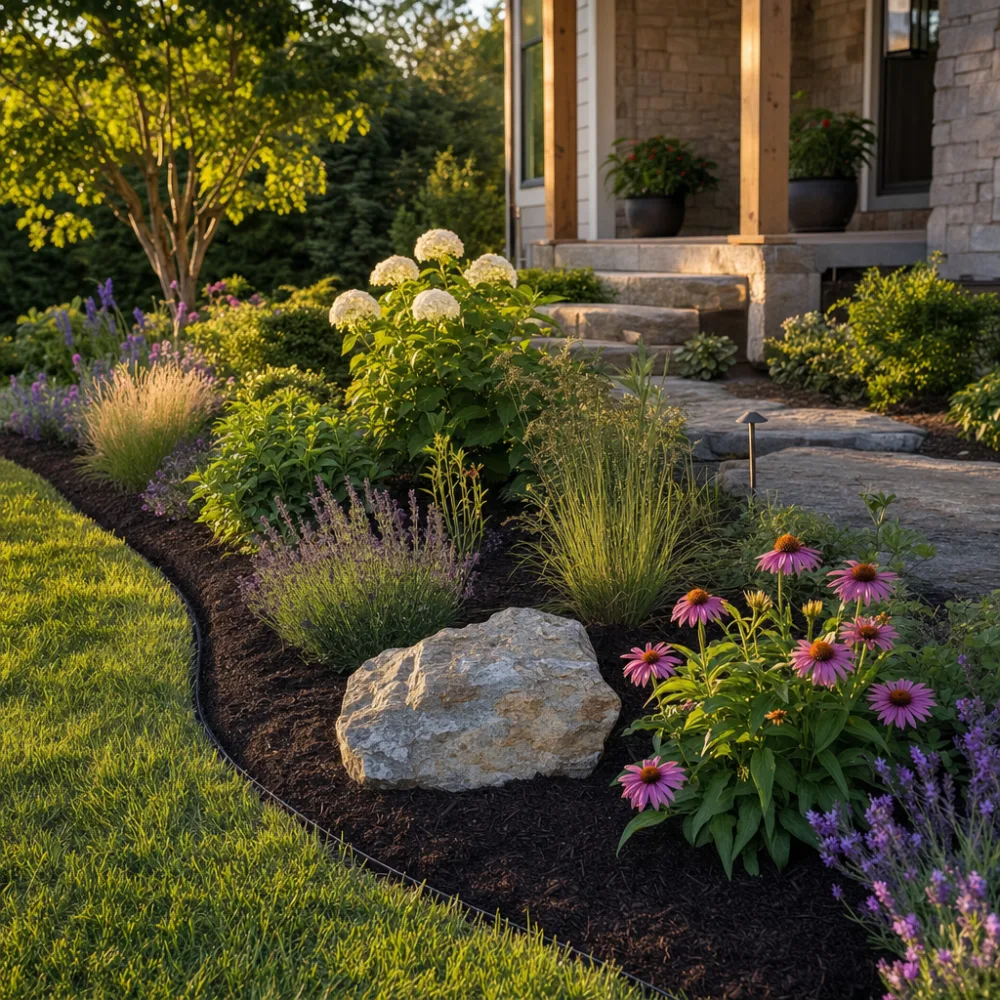 A freshly planted landscape bed with crisp edging, installed by Bur Oak Lawn & Landscape
