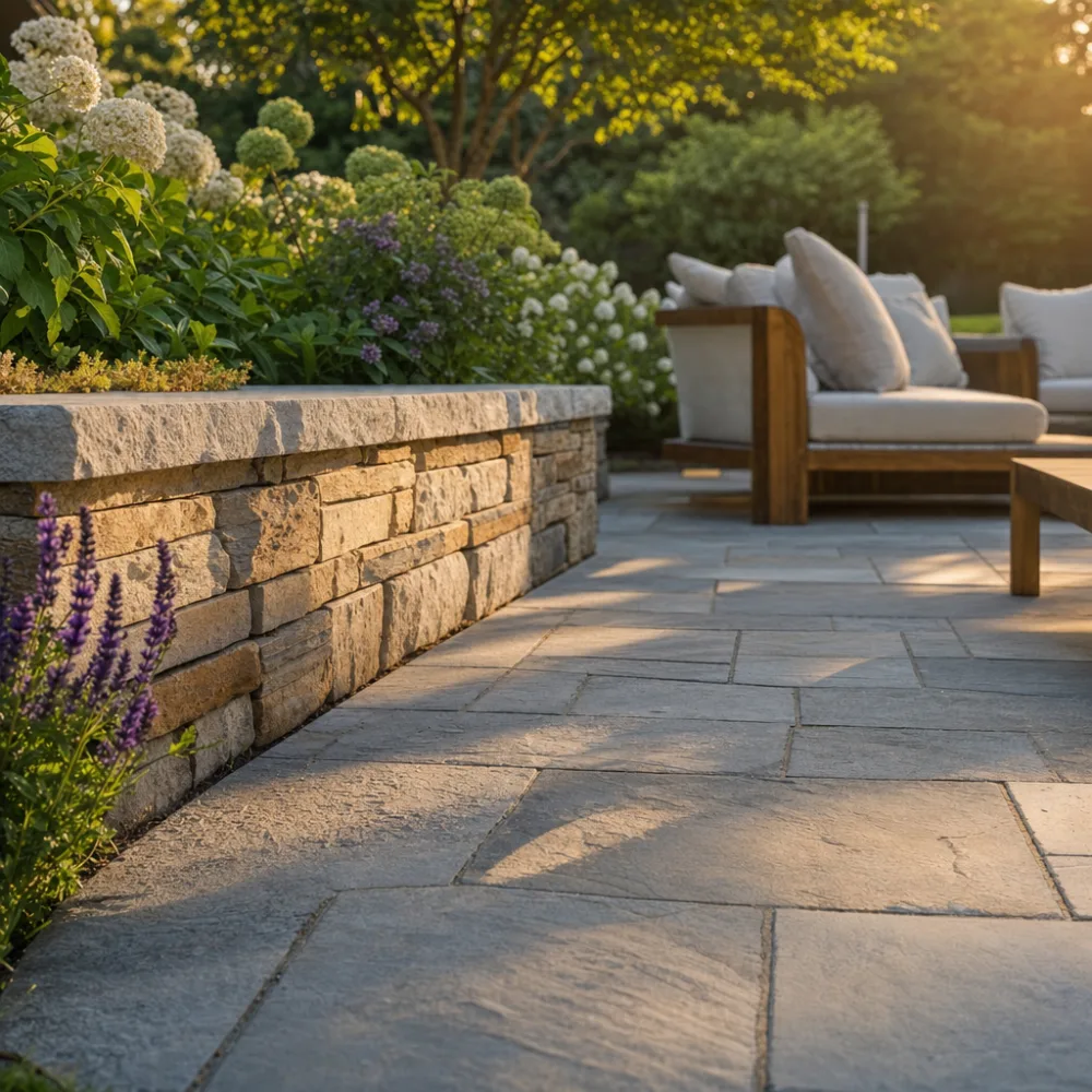 Detail of a natural stone patio built by Bur Oak Lawn & Landscape
