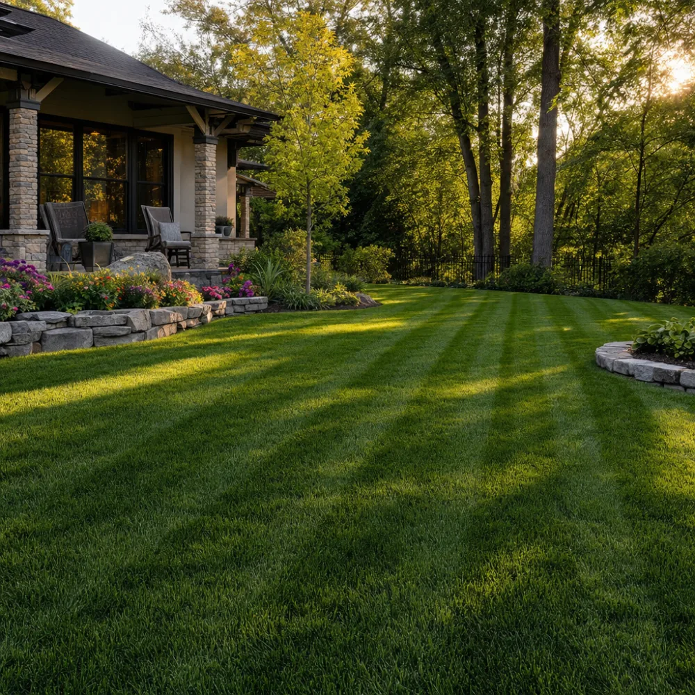 A healthy striped lawn maintained on a Bur Oak lawn care program